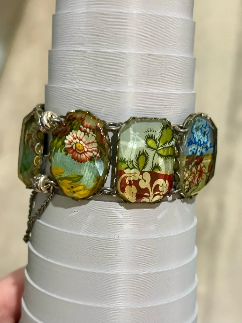 Vintage Ayala Bar Retired Fabric Under Glass Panel Bracelet Magnetic Clasp